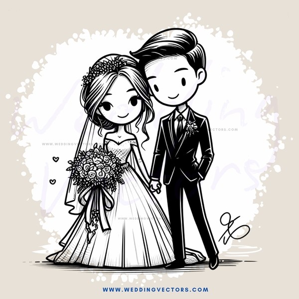 wedding couple in black and white cartoon illustration