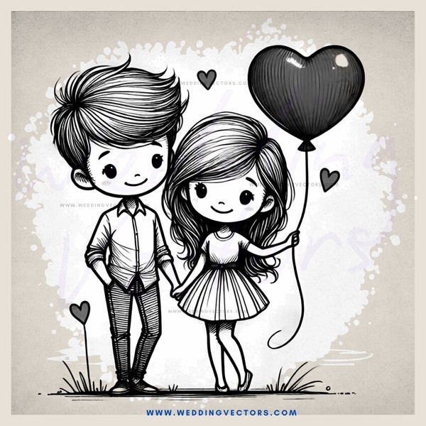 a boy and girl holding hands with a heart balloon
