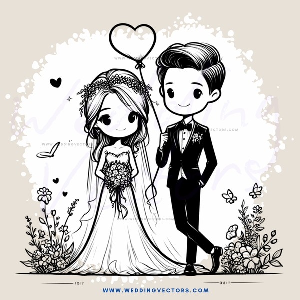 a black and white illustration of a bride and groom walking hand in hand