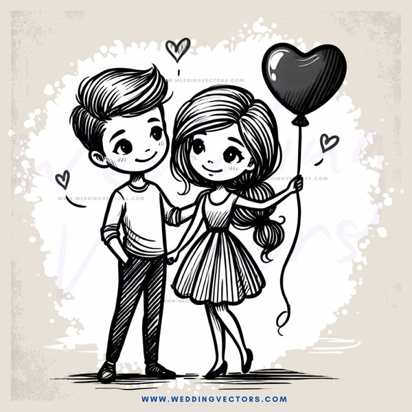 a cartoon couple holding hands and balloons