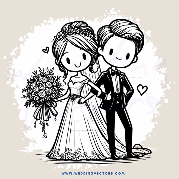 groom and bride in black and white cartoon