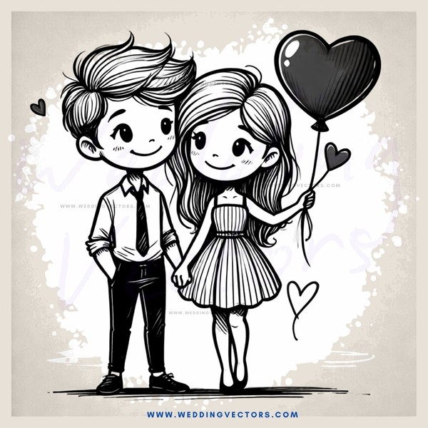 cartoon boy and girl holding balloons