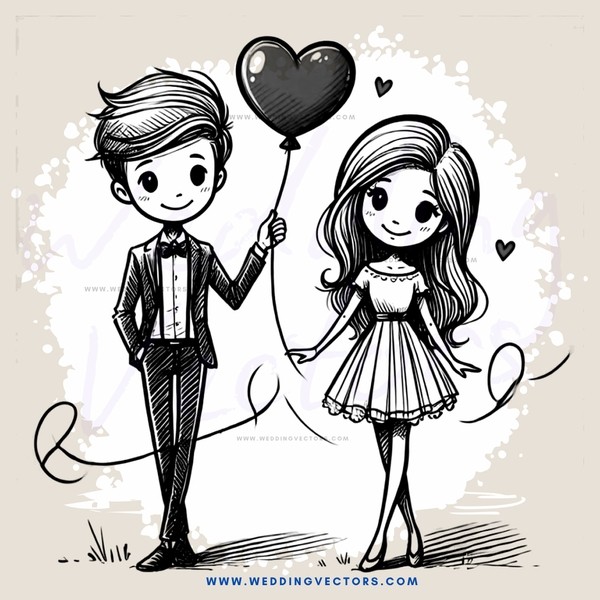 a boy and girl holding hands and an air balloon