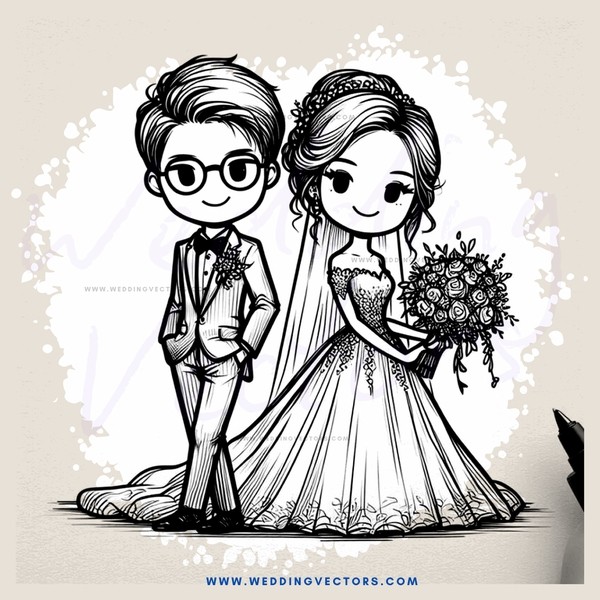 bride and groom in black and white illustration