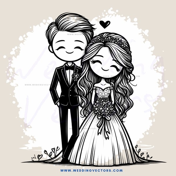 a bride and groom with an arrow pointing to their faces