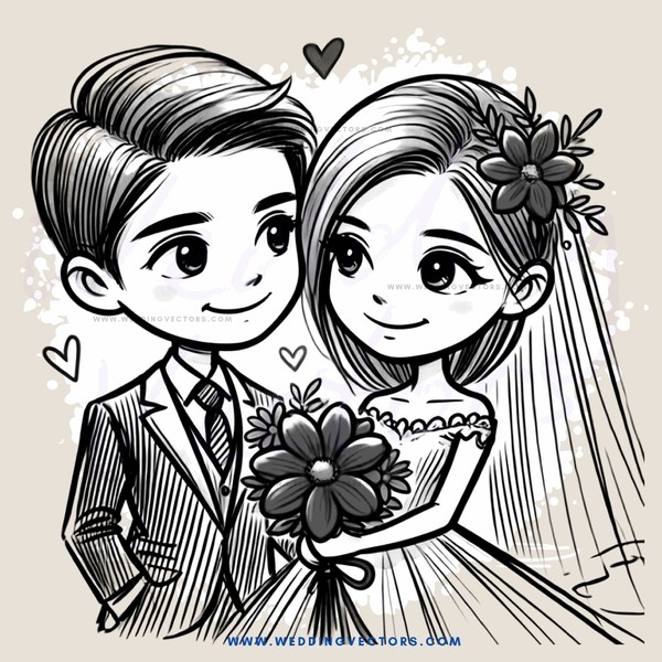 a bride and groom holding flowers