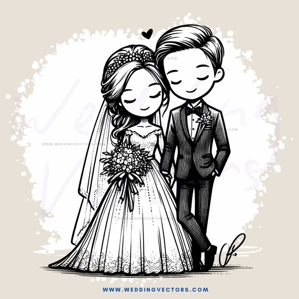 a bride and groom in wedding attire