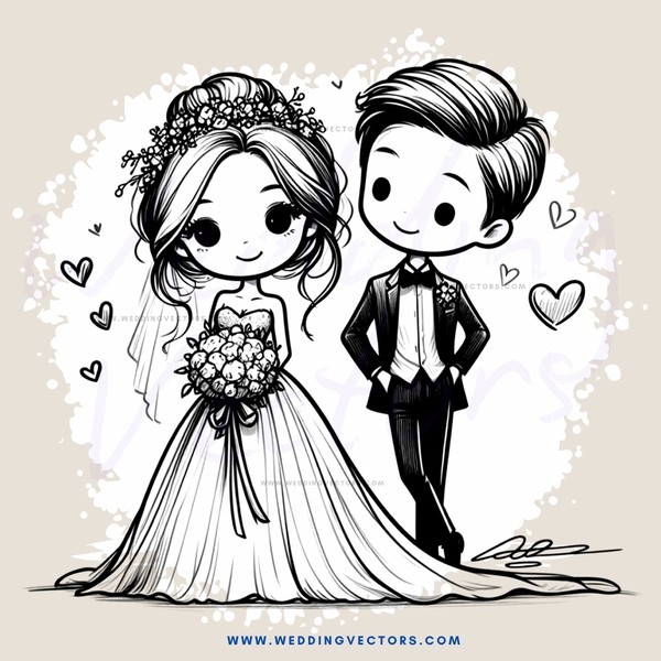 a bride and groom stand together in front of hearts