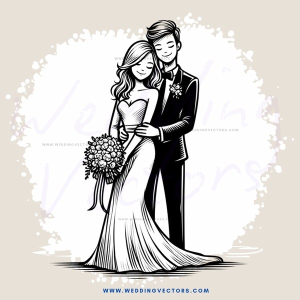 a bride and groom holding hands and flowers