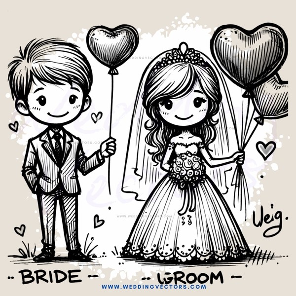 bride groom picture with heart balloons and writing below