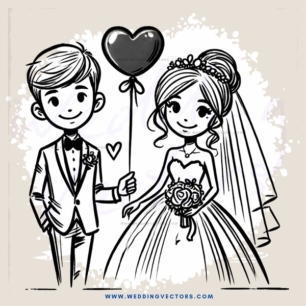 a bride and groom holding a heart balloon