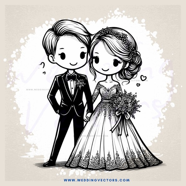 a couple standing together in wedding attire