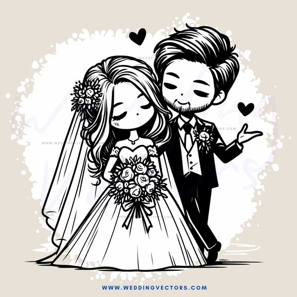 groom and bride standing together with flowers in their hands