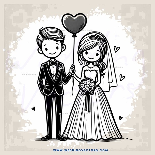 wedding couple holding hearts and flowers
