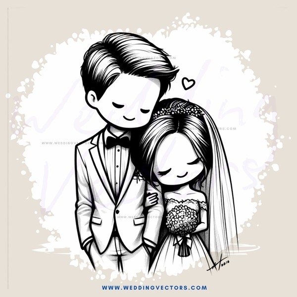 couple in fashionable outfits with bride's bouquet and happy face above them