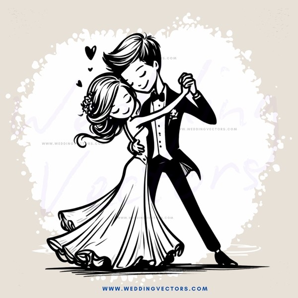 a couple dancing with hearts around them
