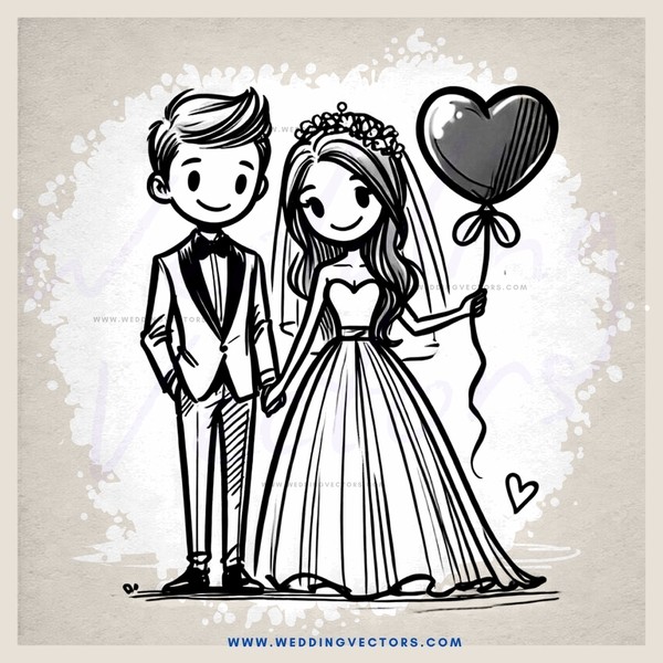 a bride and groom holding heart shaped balloons
