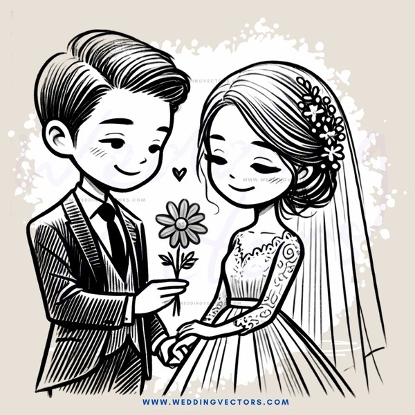 a young man and woman exchange flowers