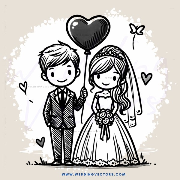 a bride and groom with hearts floating around