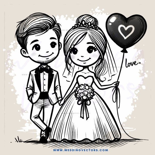 a bride and groom with balloons