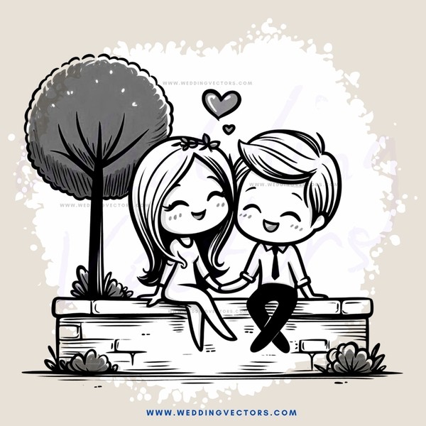 a couple sitting on a stone wall with an umbrella and tree behind them