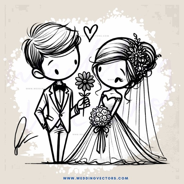 cartoon bride and groom with flowers in hands