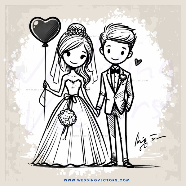 a bride and groom with an airborne heart balloon