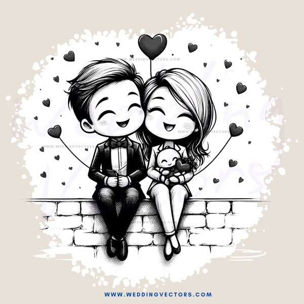 a couple sitting on a brick wall with hearts and flowers around them