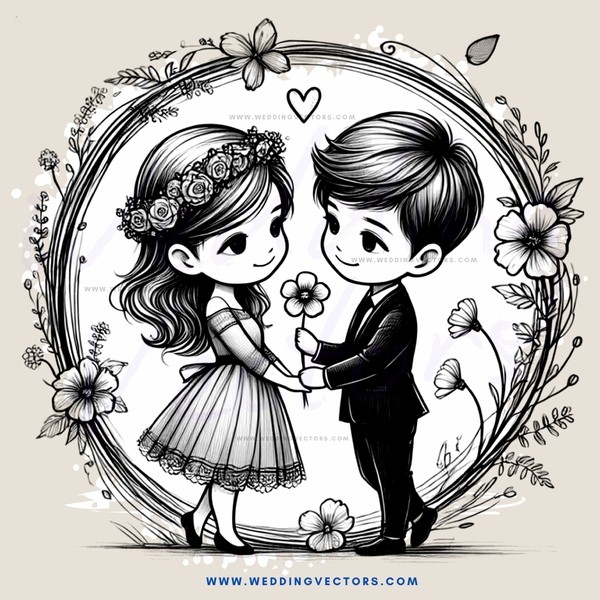 a cartoon image of two people holding flowers and leaves