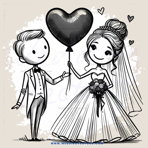 bride and groom with balloon heart