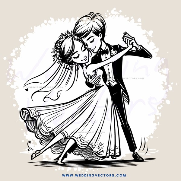 a couple dancing in white dresses and suits