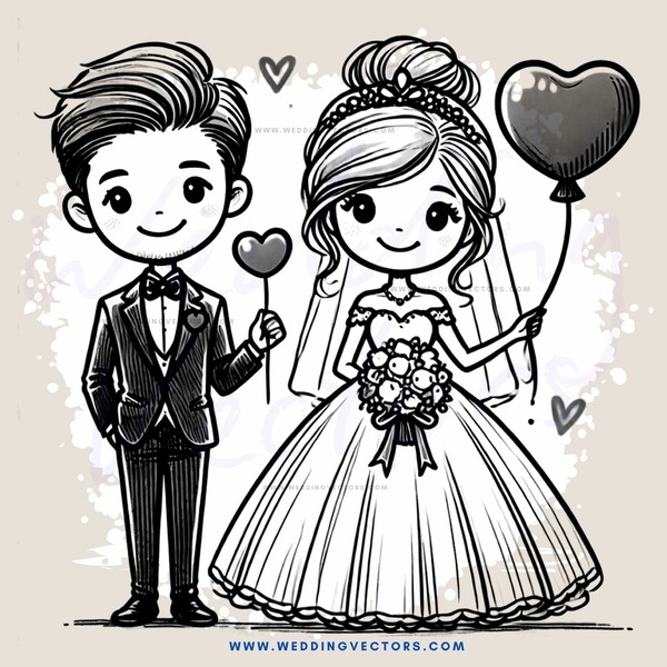 a bride and groom with love hearts in between them