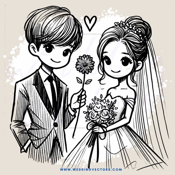 bride and groom with flowers in hand
