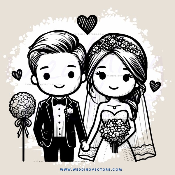 a bride and groom in black and white