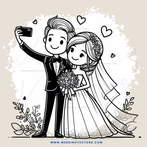 couple posing for picture and holding bouquet