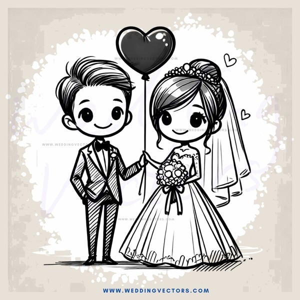 bride and groom holding heart shaped balloon