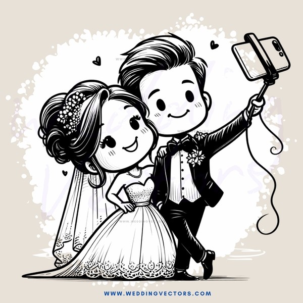 newlyweds take their picture with phone