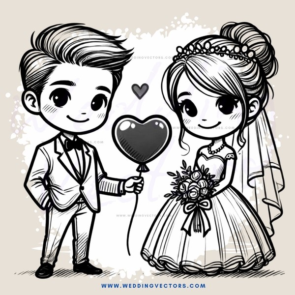 a boy holding a heart and a bride holding flowers