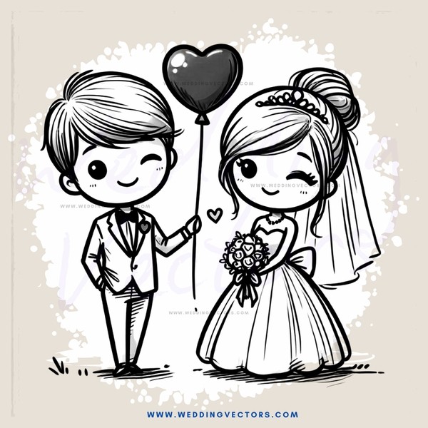 a bride and groom with a heart floating above them