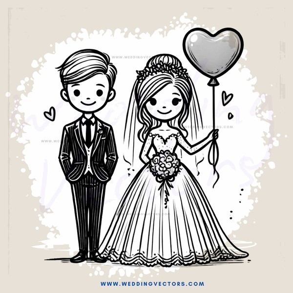 a black and white cartoon illustration of a man and woman holding hands with a heart balloon