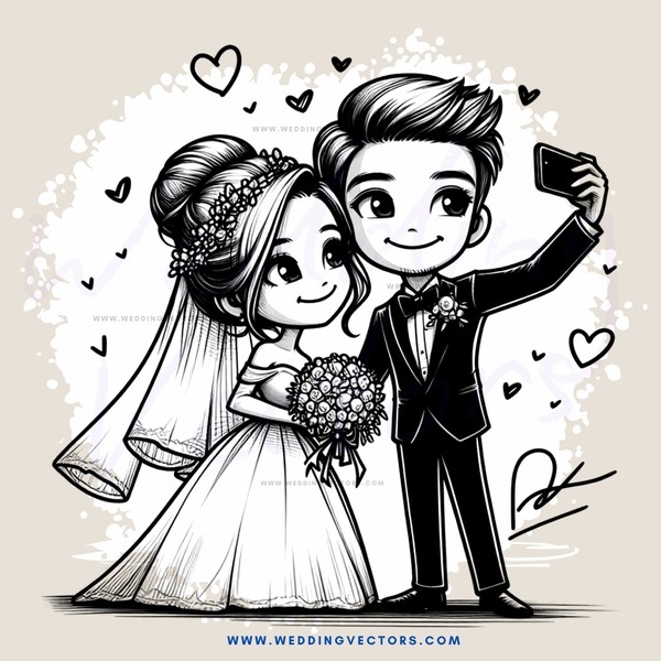 a bride and groom holding flowers and taking selfie