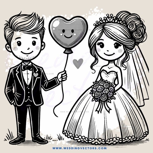 a bride and groom with balloons
