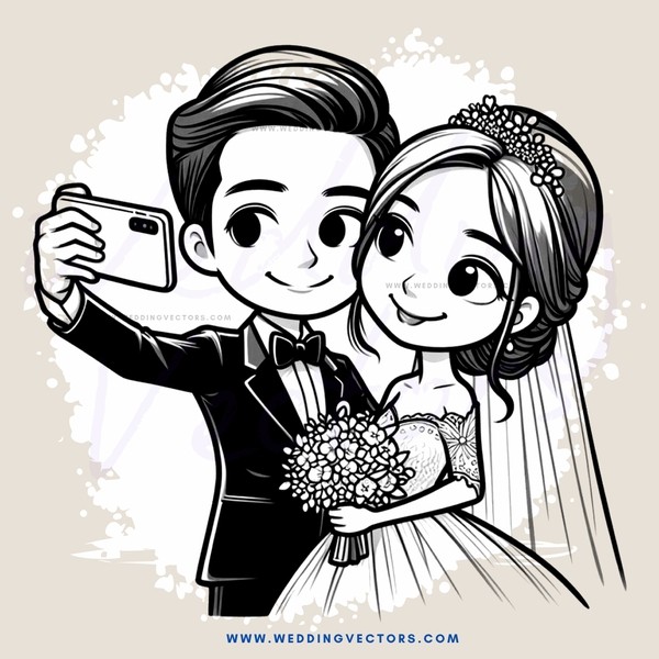 a bride and groom taking pictures together