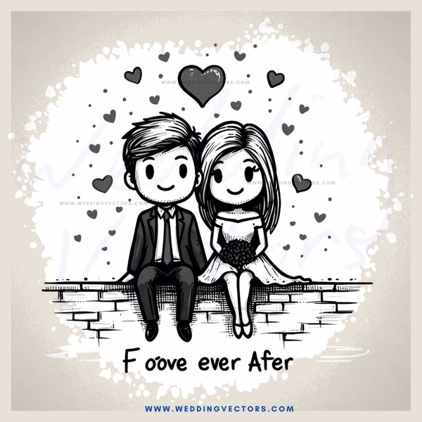 lovers sitting on a brick wall with hearts and flowers