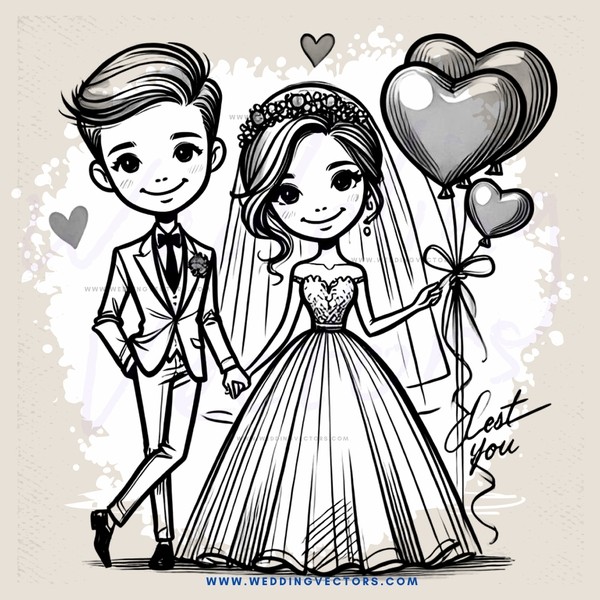 groom and bride posing with balloons