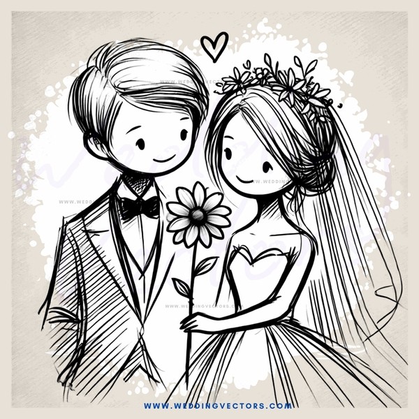 a bride and groom holding a flower
