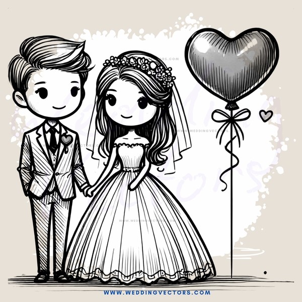 a wedding illustration with hearts and balloons