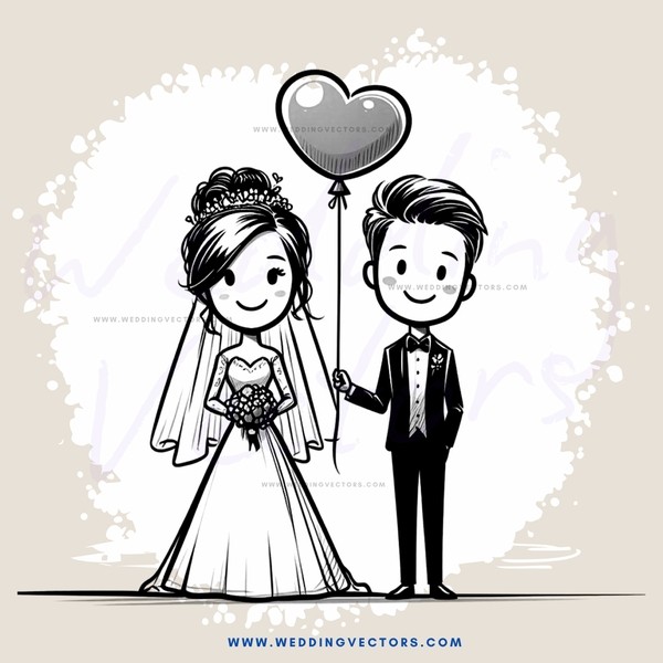 a bride and groom holding a heart shaped balloon
