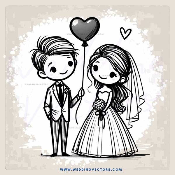 a bride and groom with balloons