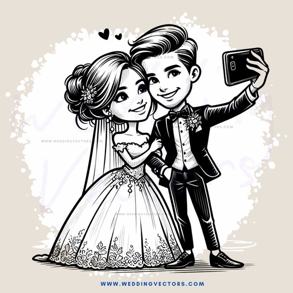 a newly married couple taking selfies